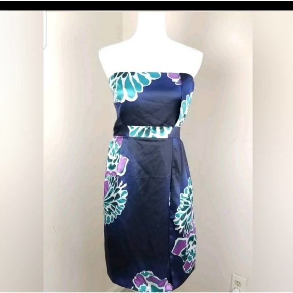 TIBI Anthropologie  Sz 2 Silk Dress Strapless Blue Teal Purple Floral - Picture 2 of 10